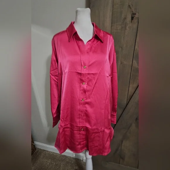 ENTRO Satin Long Sleeve Relaxed Fit Button Up Blouse In Hot Pink. Size Med NWT - Picture 6 of 16